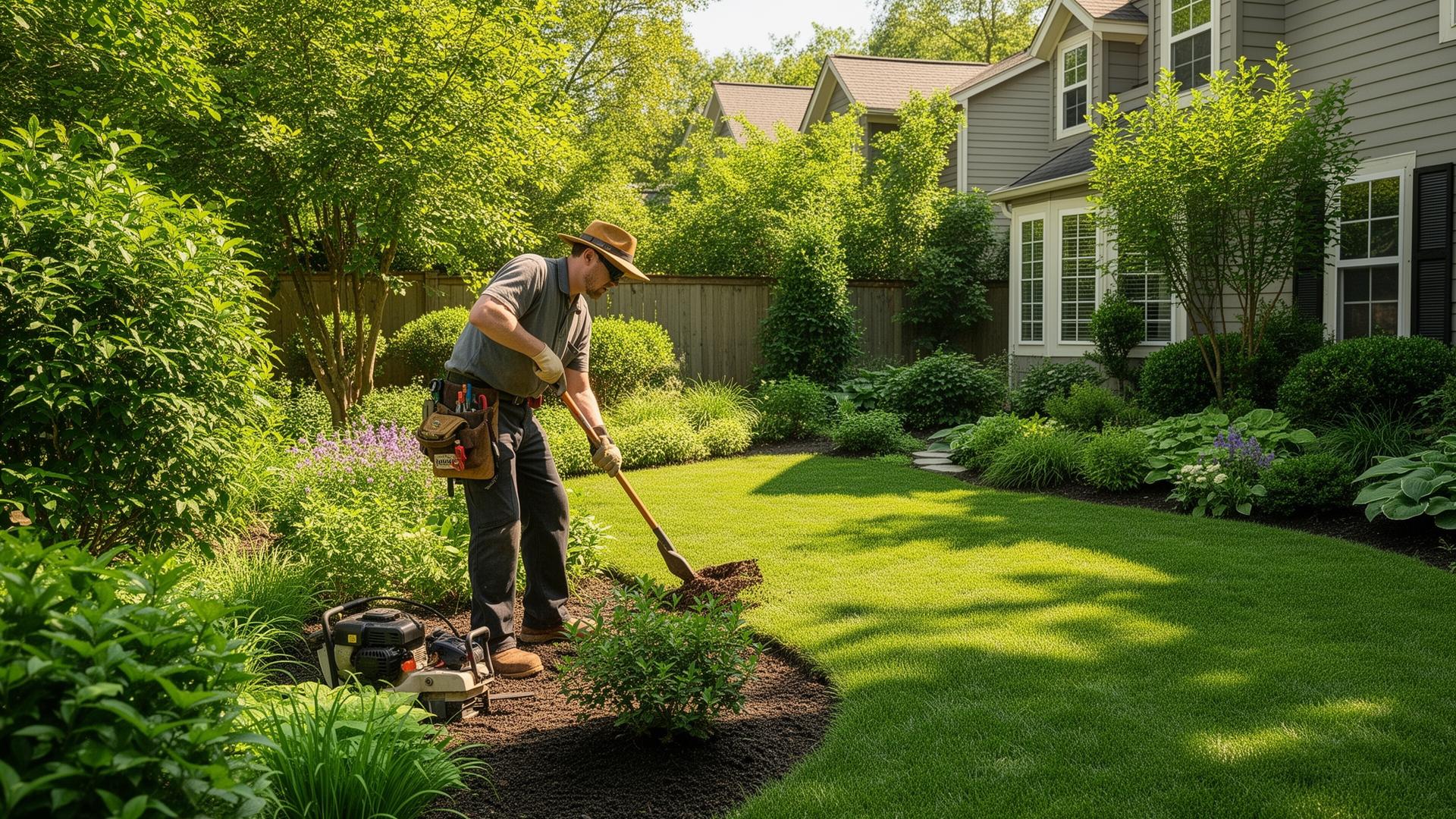 Hovenier aan het werk in een verzorgde tuin